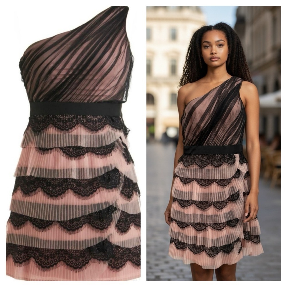 Minuet Elegant One-Shoulder Pink and Black Lace Dress size S